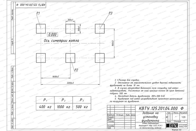 Чертеж изготовления фундамента котла 1450 кВт угольного с колосниками